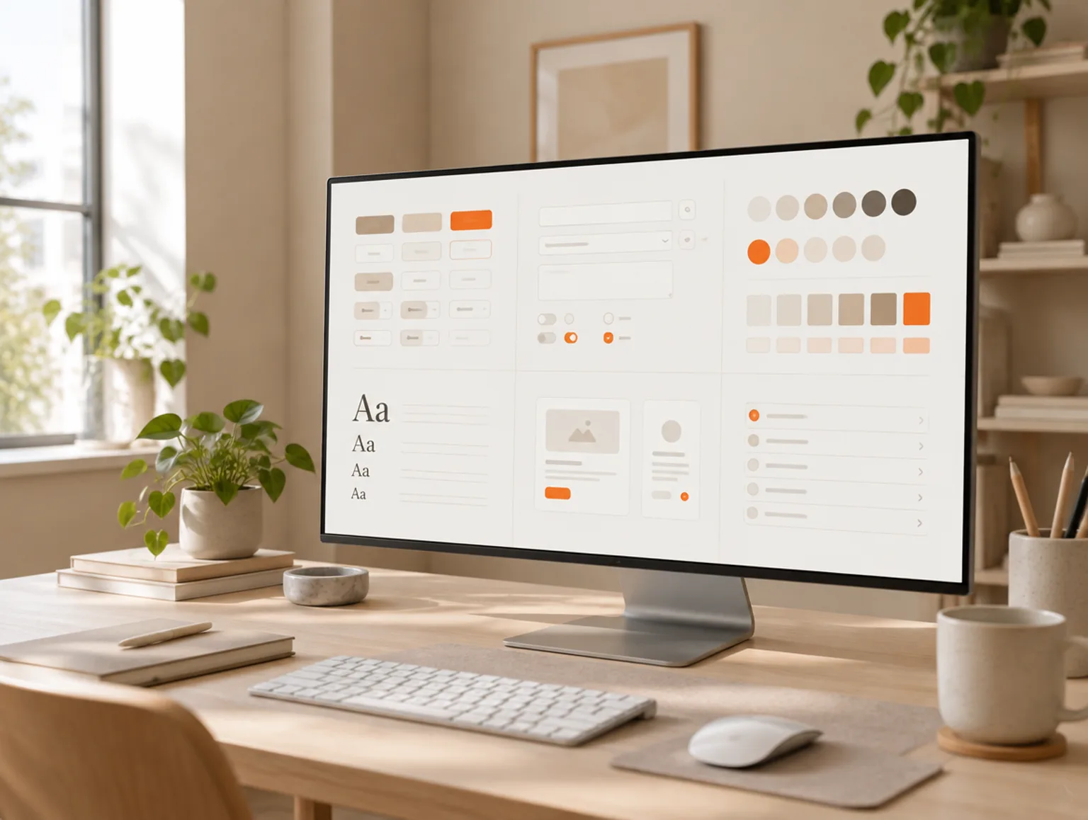 Bureau met een scherm vol interfacecomponenten van een design system